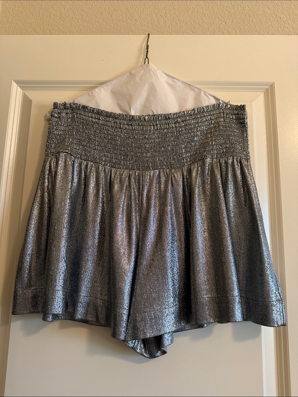 TCEC High-Waist Metallic Silver Flared Shorts